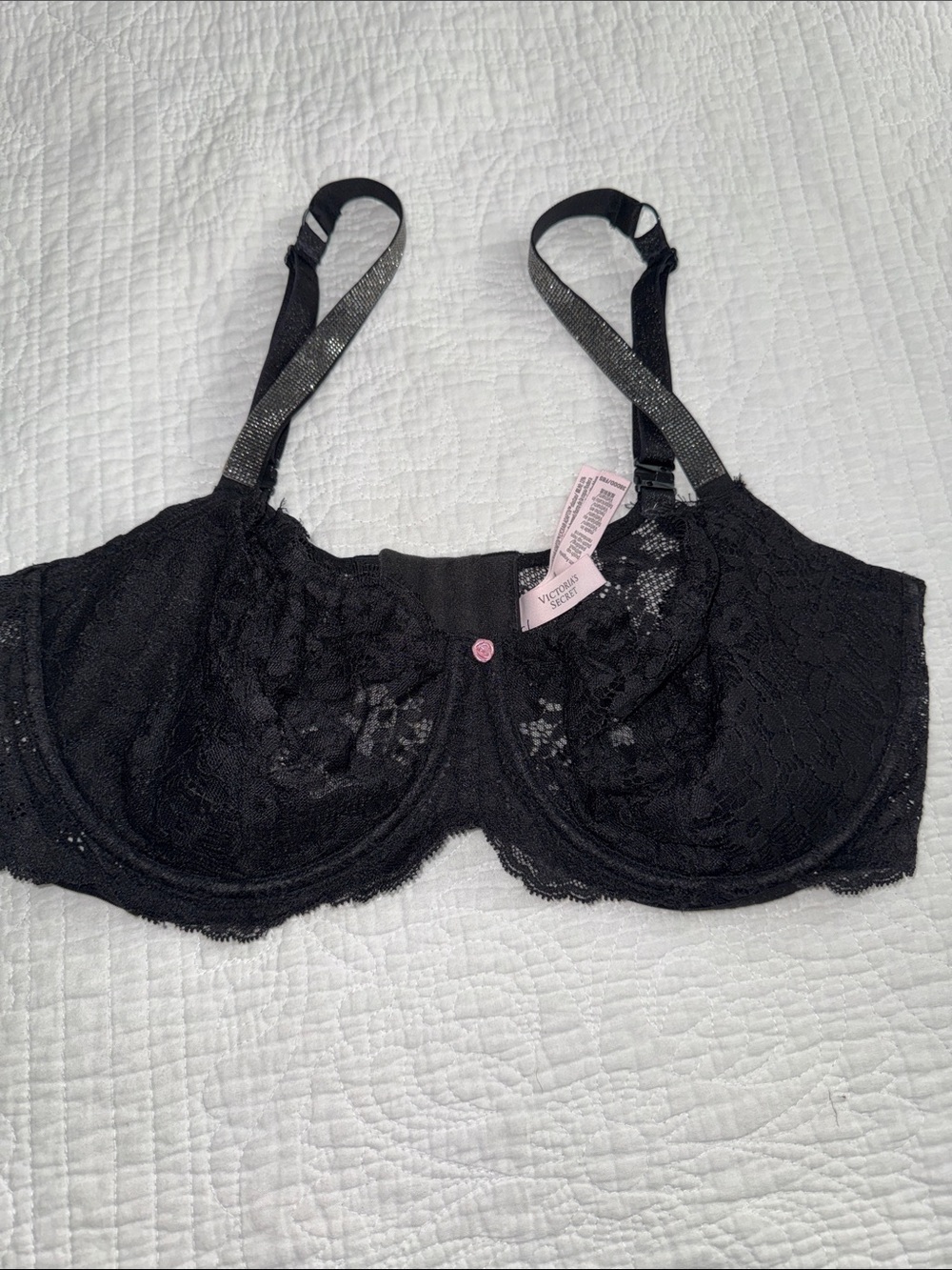 Victoria's Secret Black Lace Underwire Bra with Shimmer Straps Size 38DDD